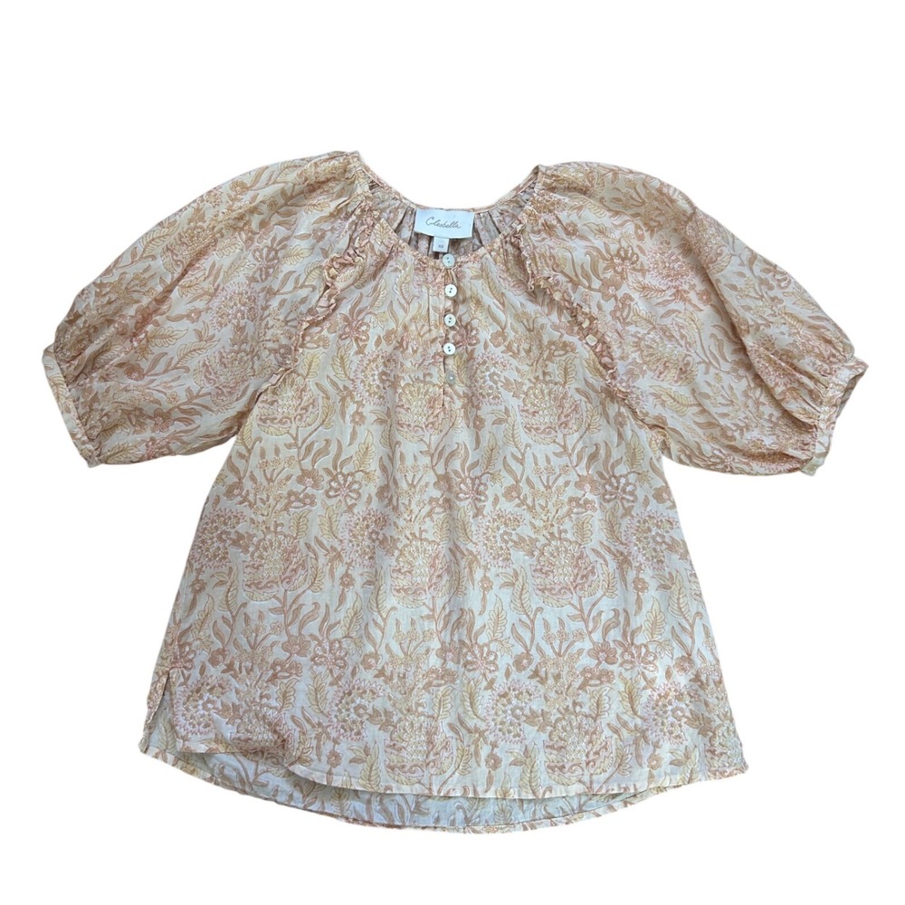 Cleobella Floral Puff Sleeve Organic Cotton Blouse Peach Tan XS Boho Cottage‎